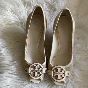 Tory Burch Natural Amanda Linen Open Toe Wedges